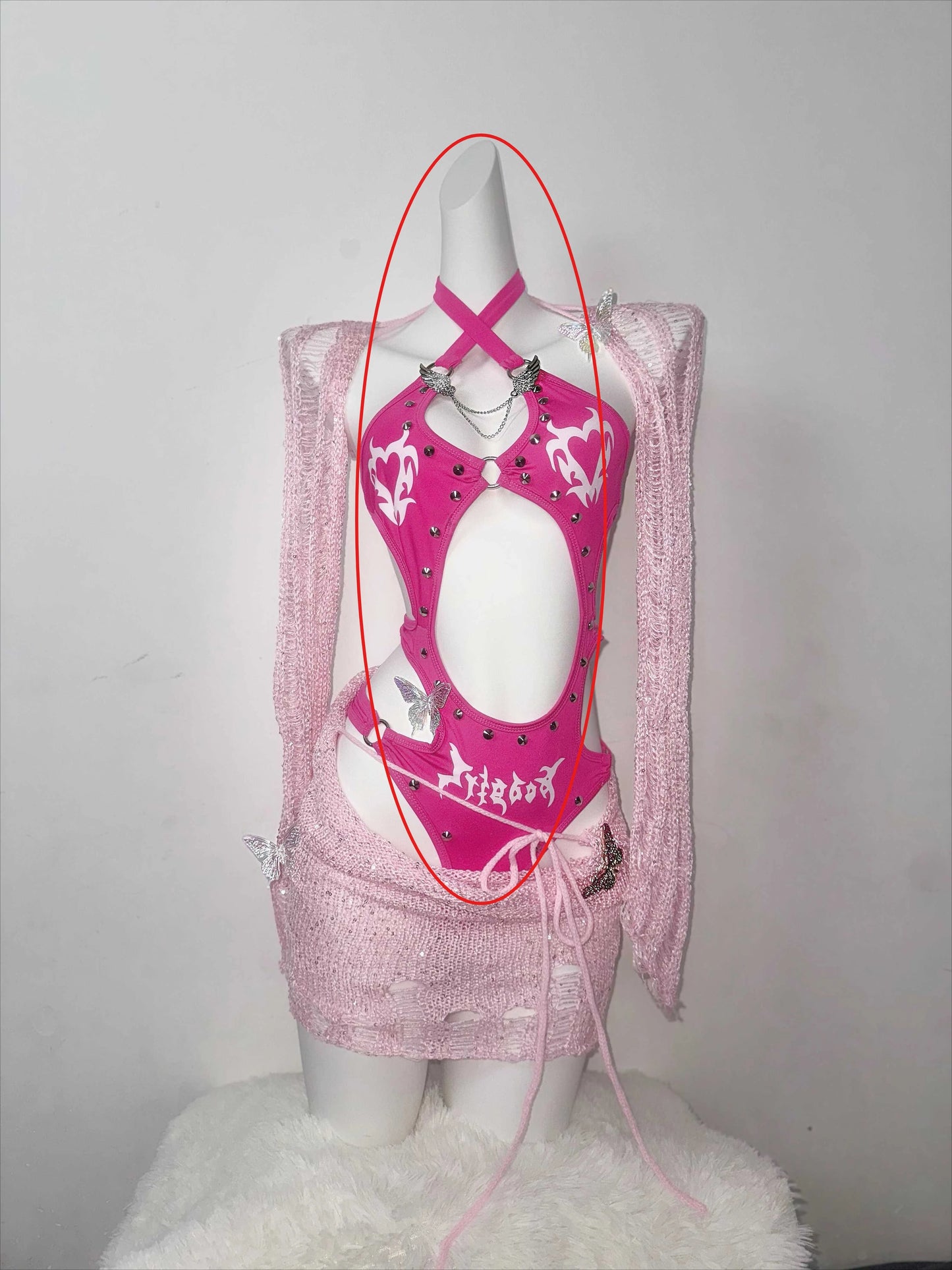 Original Barbie Powder Flash Three-dimensional Rivet-cut Onesie Tattered Wool Knitted Skirt Spice Girl For Suit SS69 63.69 bodysuit / One Size