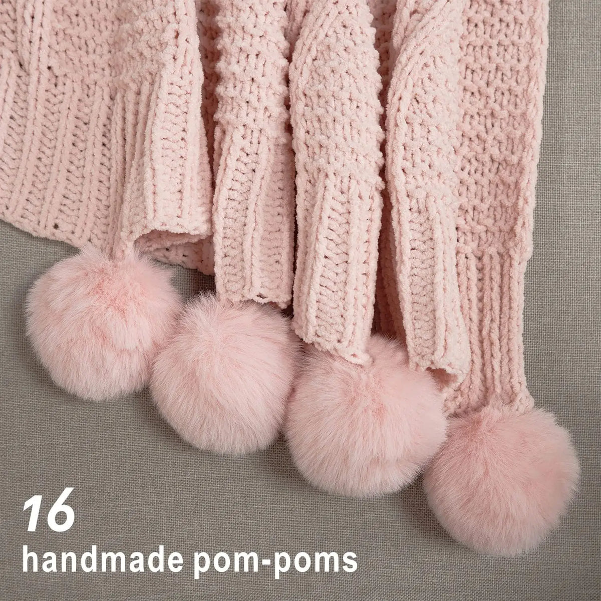 SS69 Chunky Chenille Knit Throw Blanket with Pom Poms, 130x170cm