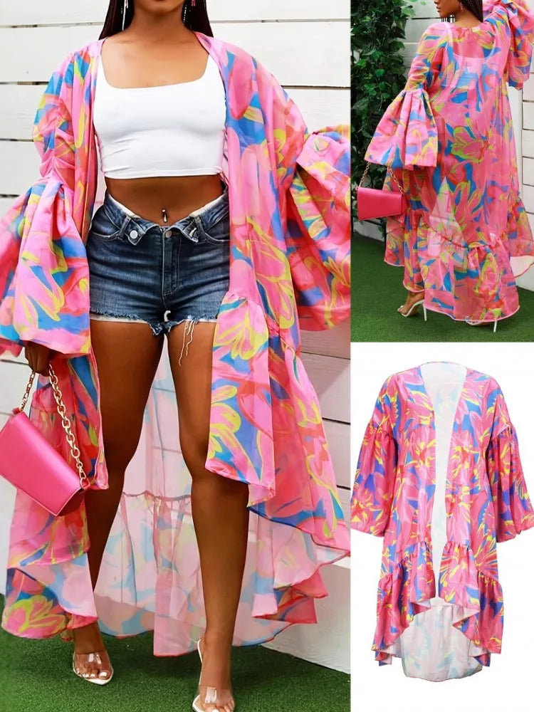 Plus Size Beach Kimono For Women Flower Printed Swimsuit Cover Up Self Wrap Dresses Seaside Bathing Suits Beachwear 2025 SS69