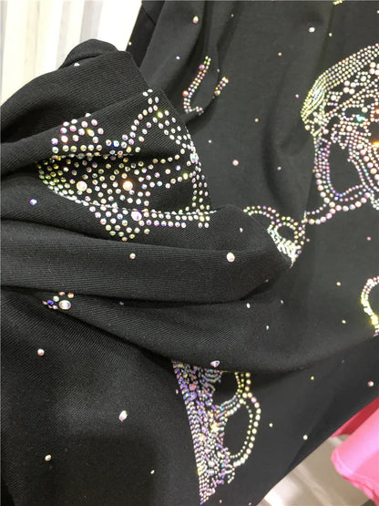 Oversized European top summer new fashion loose rhinestone diamond crown iron diamond women's short-sleeved T-shirt SS69