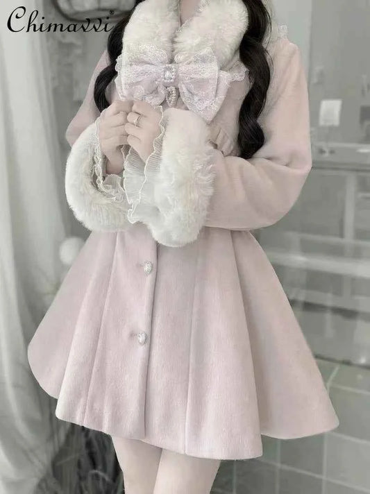 Japanese Mass-Produced Long Wool Collar Coat 20% Wool Waist-Cinching Sweet Girl Long Sleeve Slim Fit Elegant Lolita Woolen Coat
