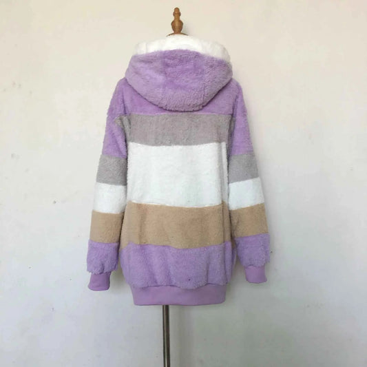 Warm Fleece Oversized Hooded Jacket Women's Autumn Winter Thickened Zipper Pocket Patchwork Clothing Comfortable Sweatshirt