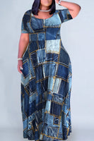 Plus Size Women's Dark Blue Patchwork Crew Neck Denim Print Maxi Dresses - SS69 