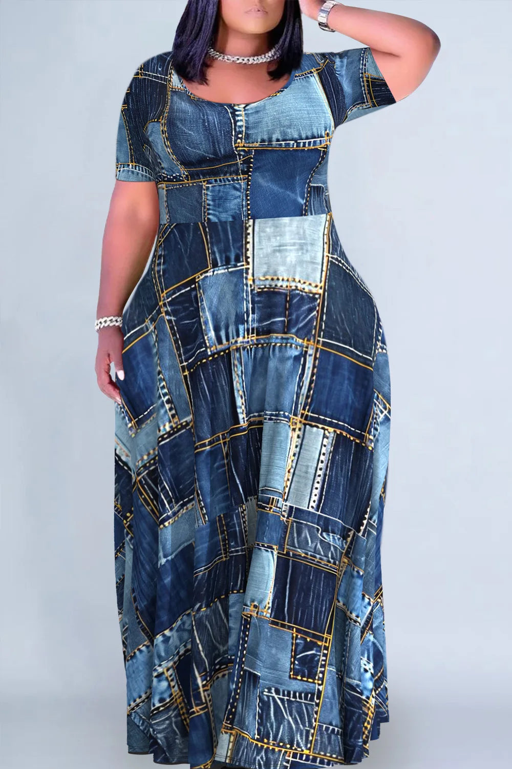 Plus Size Women's Dark Blue Patchwork Crew Neck Denim Print Maxi Dresses - SS69 