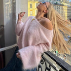 Talenza Women's Plush Pullover Fashion Solid Loose High Street Sweaters Vintage Chic Strapless Autumn Casual Female Pullovers