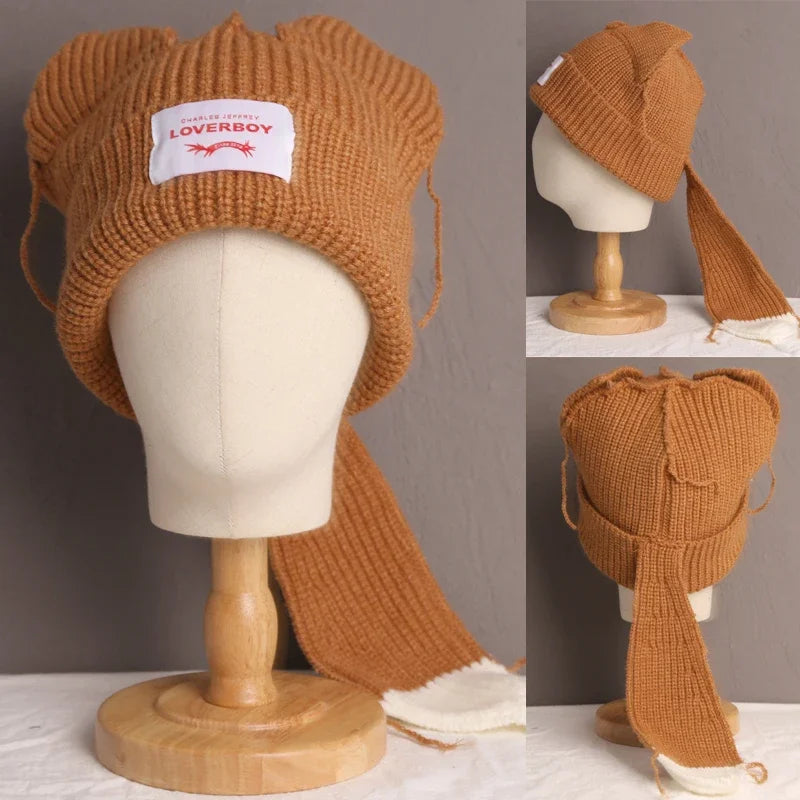 Long fox Ears Knitted Hat Men Women Rabbit Ear Warm Crochet Beanies Kpop Hip Hop Hat Winter Skullies Cap Y2k Christmas Gifty