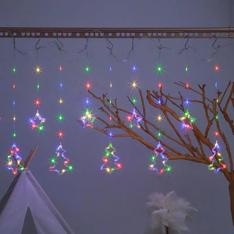 Christmas Curtain Lights LED String Lights with Tree Snowflake Star Deer Bell USB Remote 8 Modes Home Decor