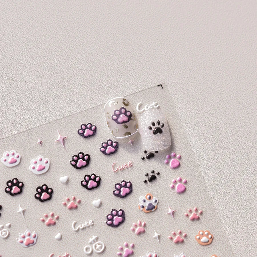 Cute Jelly Pink Cat Paw Print Nail Sticker Kawaii Pink Black Cat Claw 5D Embossed Self-Adhesive Nail Art Sticker Nail Art Decal SS69