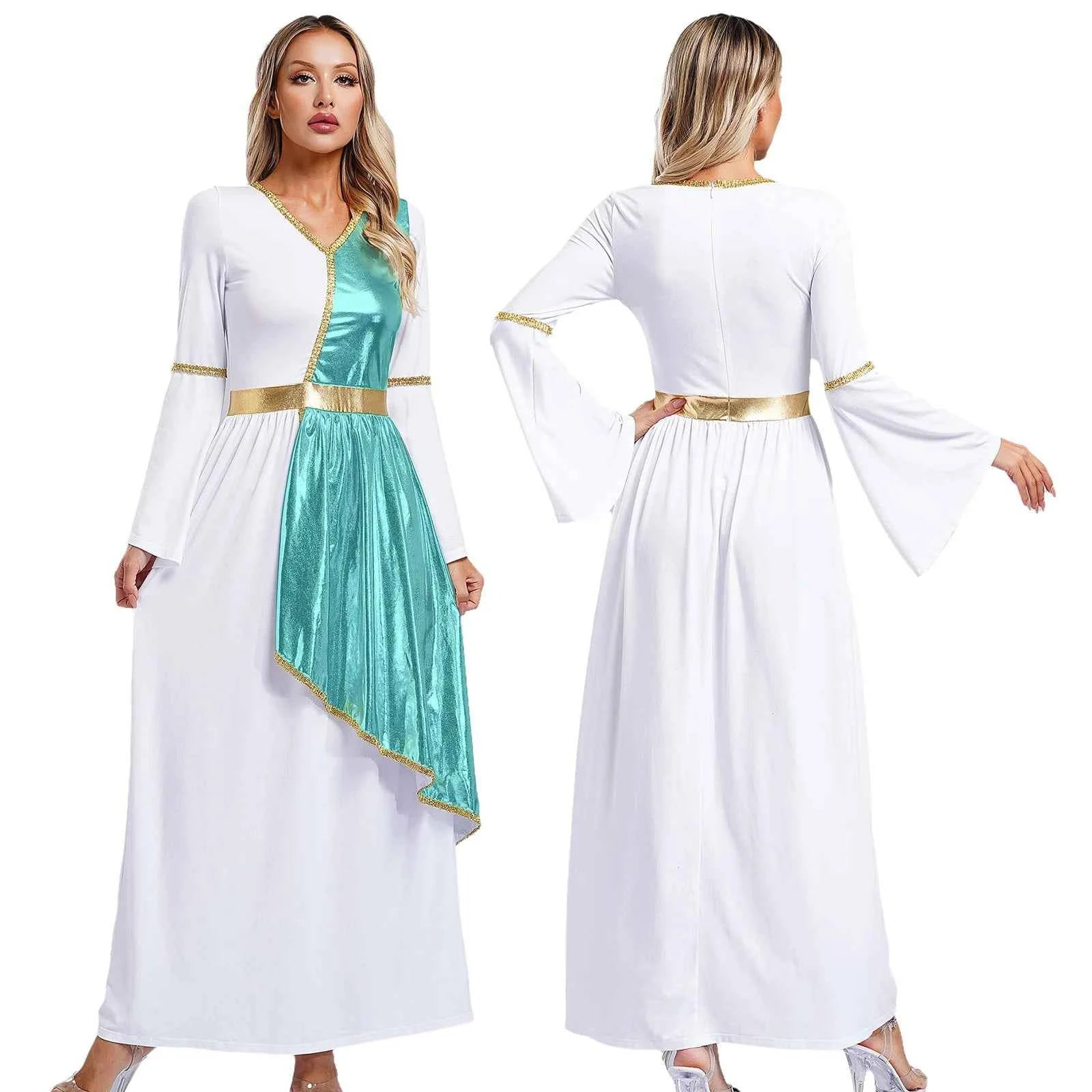 Woman's Greek Aphrodite Nymph Halloween Cosplay Costume Shiny Bell Long Sleeve Maxi Robe Dress Church Choir Prayer Gown