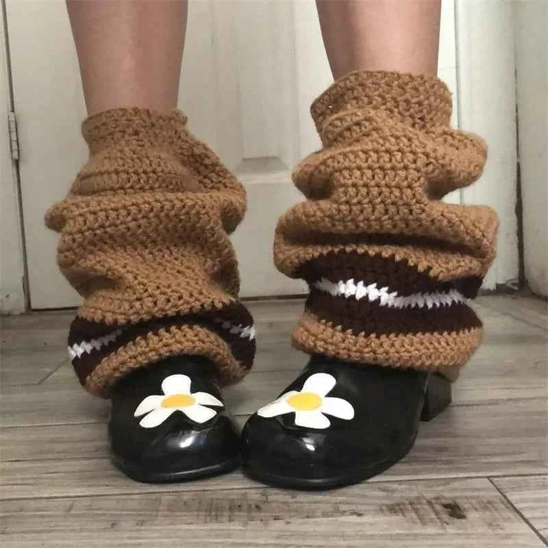 Women Knit Leg Warmers Contrast Color Knee High Socks Y2K Aesthetic Boot Cuffs Cover for Streetwear Kawaii Short Socks