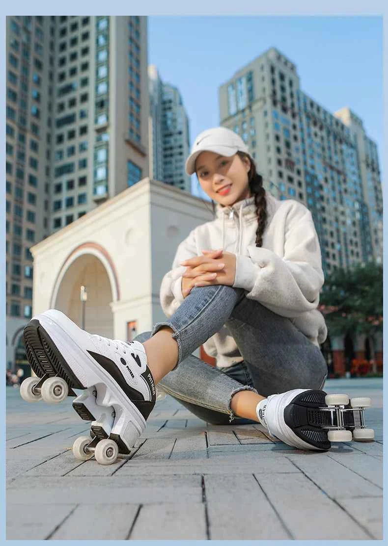 Deformation Shoes Roller Sneakers With 4 Wheels Skates Adult Kids Runaway Parkour Wheels Shoes For Women Men Youth Sport Shoes