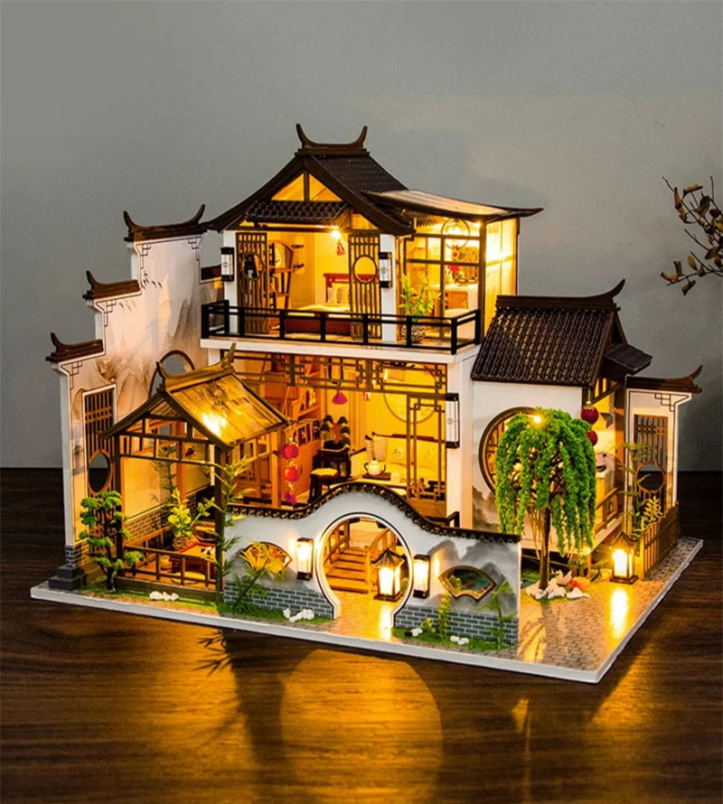 NEW DIY Wooden Doll Houses Japanese Ancient Casa Miniature Building Kits with Furniture Led Dollhouse for Adults Christmas Gifts SS69