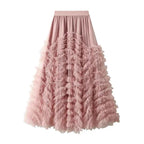 Fashionable Tiered Tulle Maxi Skirt for Women 2024 New Elegant High Street A Line High Waist Mesh Long Skirt Female Pink