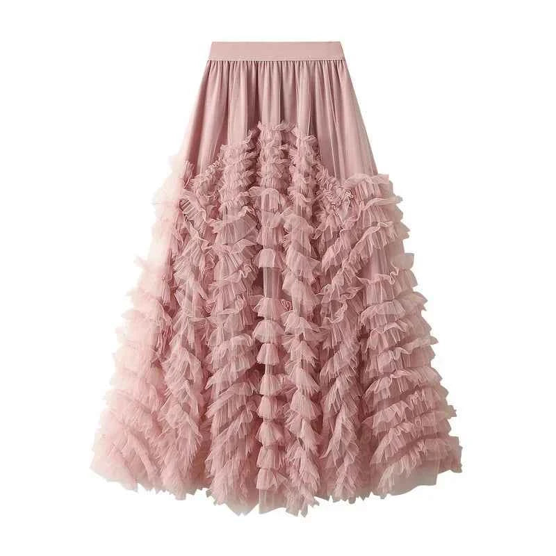 Fashionable Tiered Tulle Maxi Skirt for Women 2024 New Elegant High Street A Line High Waist Mesh Long Skirt Female Pink