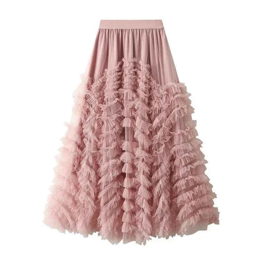 Fashionable Tiered Tulle Maxi Skirt for Women 2024 New Elegant High Street A Line High Waist Mesh Long Skirt Female Pink