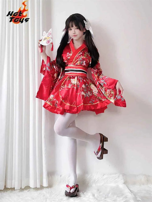 Japanese Kimono Yukata Robes Kawaii Girls Floral Printed Haori Suit Lovely Lolita Dress For Women Maid Cosplay Costume Halloween