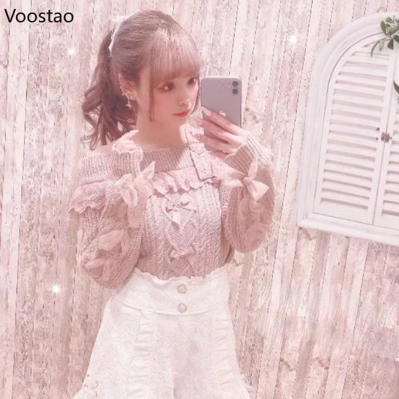 Sweet Lolita Knit Pullover with Lace Ruffles & Bows