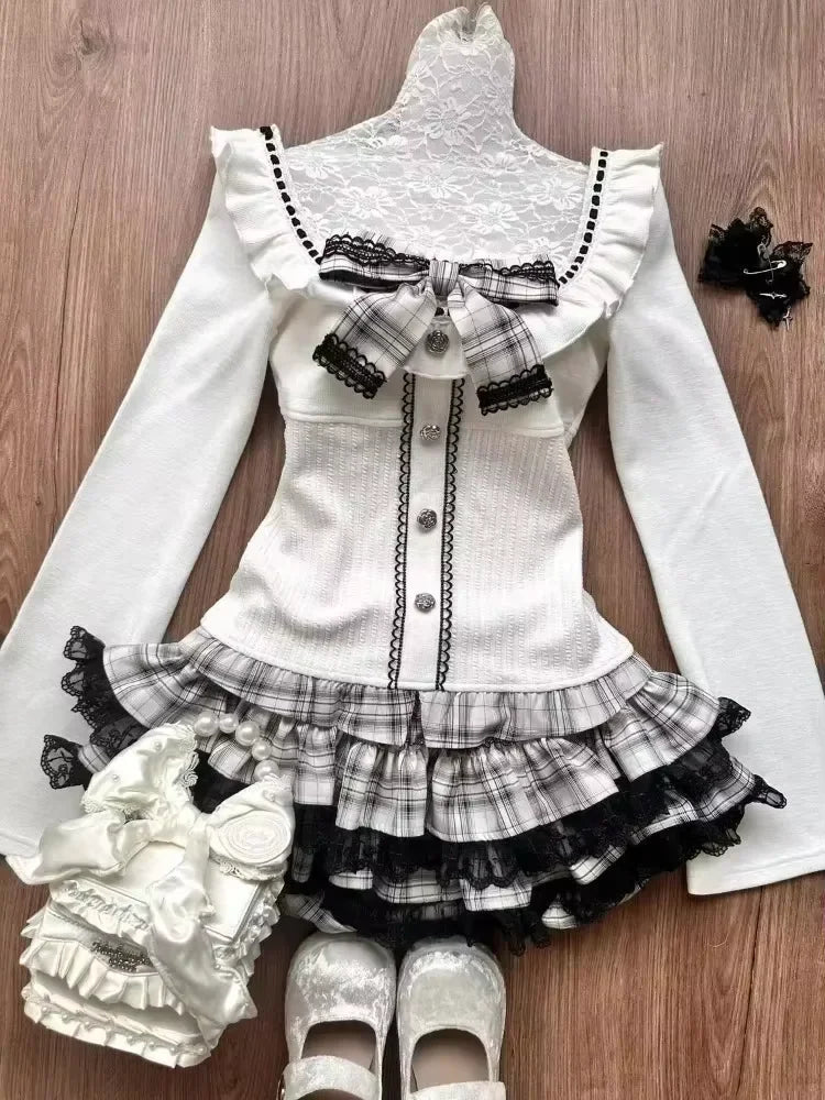 Japanese Sweet Preppy Style 2 Piece Set Women Kawaii Lace Patchwork Bow Tops + Y2k Plaid Mini Skirt Elegant Fashion Outifits New SS69 25.69 808 Sets / L