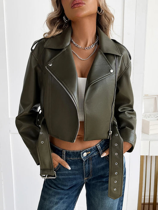 Ailegogo Spring Autumn Women Faux Pu Leather Short Jacket with Belt Motorcycle Biker Female Zipper Lapel Loose Coat Outwear