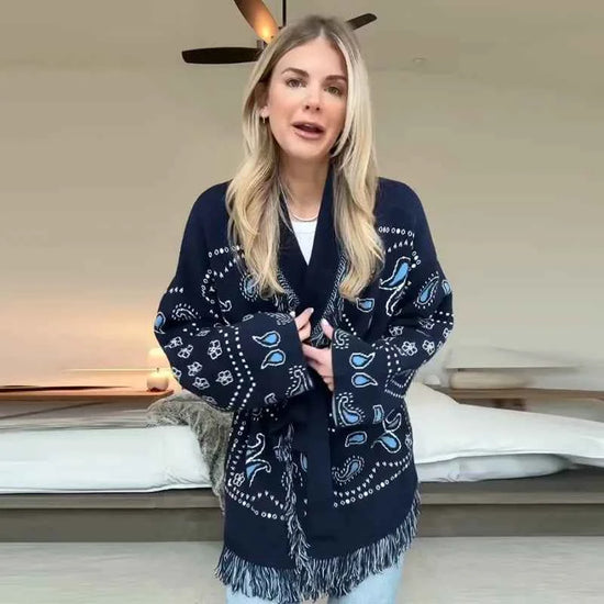 Vintage Tassels Print Women's Print Cardigan V-Neck Lace Up Full Sleeve Spliced Sweaters 2025 Autumn Lady All-match Kintwears