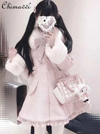Japanese Sweet Bow Slim Medium Long Woolen Coat Winter New Faux Fur Collar Lolita Girl Women's Pink White Wool Jacket Overcoat