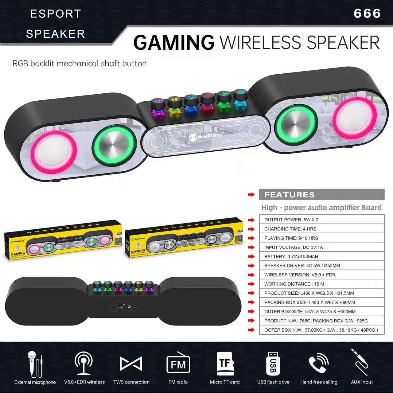 Rechargeable Wooden Alarm Clock with Bluetooth Soundbar Subwoofer Speaker and FM Radio for Home or E-sport Game Room Decoration