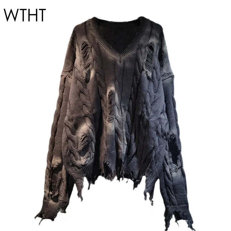 WTHT Women's Vintage Gradient Knitted Sweater O-Neck Long Sleeve Pullover