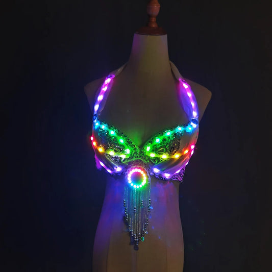 LED Color Lights Women Belly Dance Split Skirt Sexy Professional Bellydance Training Clothes Dancing Costumes