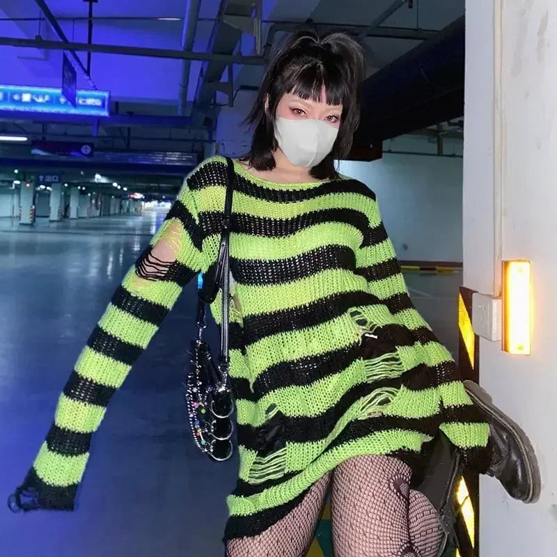 2024 Purple Striped Gothic Sweaters Women Ripped Holes Loose Knitted Pullover Frayed Fairy Grunge Jumpers Emo Streetwear Lolita SS69 12.69 green / One Size