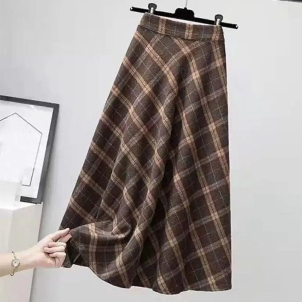 Elegant High Waist Retro Plaid Skirt Winter Autumu Classical High Waist Long Skirt Slim Fit Preppy Style A-line Half Dress Party