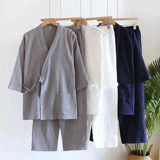 Large Size Kimono Robes with Pocket and Long Pants 2 Pcs Pajamas Set for Men Sleepwear Clothes Cotton Pjamas for Men