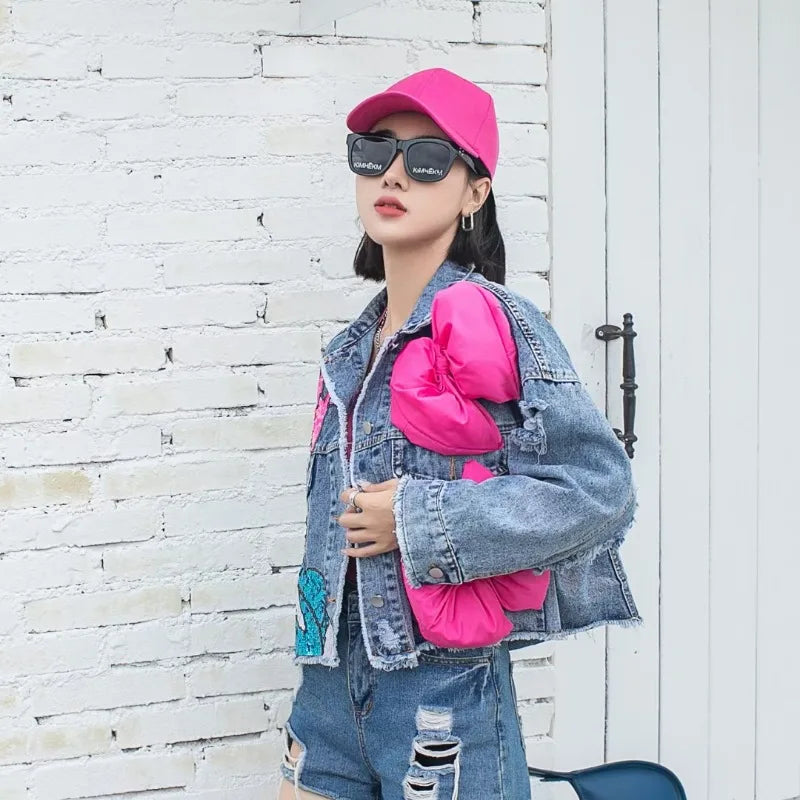 Fashion Brand Jeans Coat Women's Spring Autumn New Heavy Industry Cartoon Sequins Chaqueta High Street Loose-Fitting Denim Coats SS69