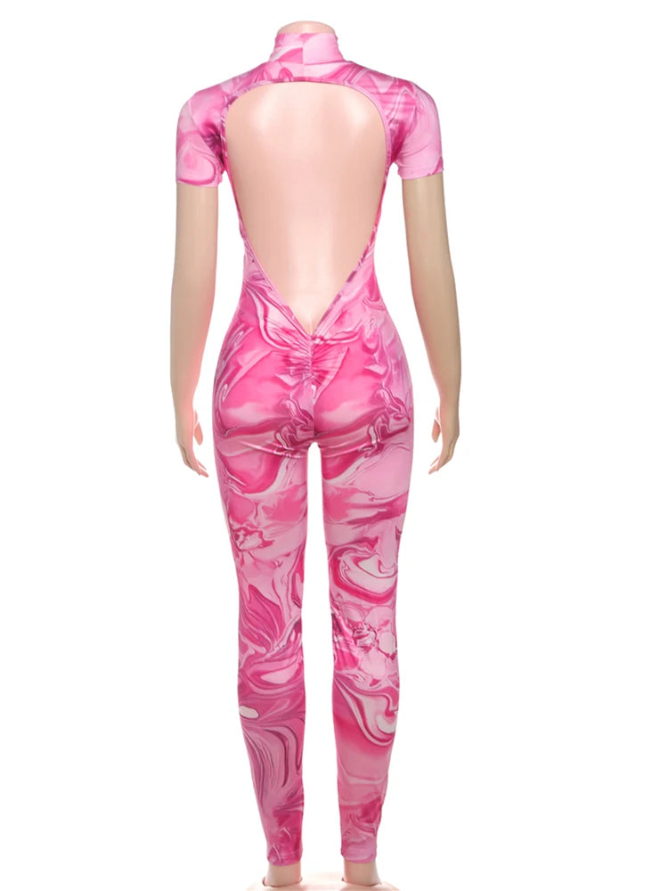 Nibber Sporty Backless Jumpsuit Women Peach Buttocks Fitness Shorts Sleeve Summer Trend Street Activity Casual Workout Overalls SS69