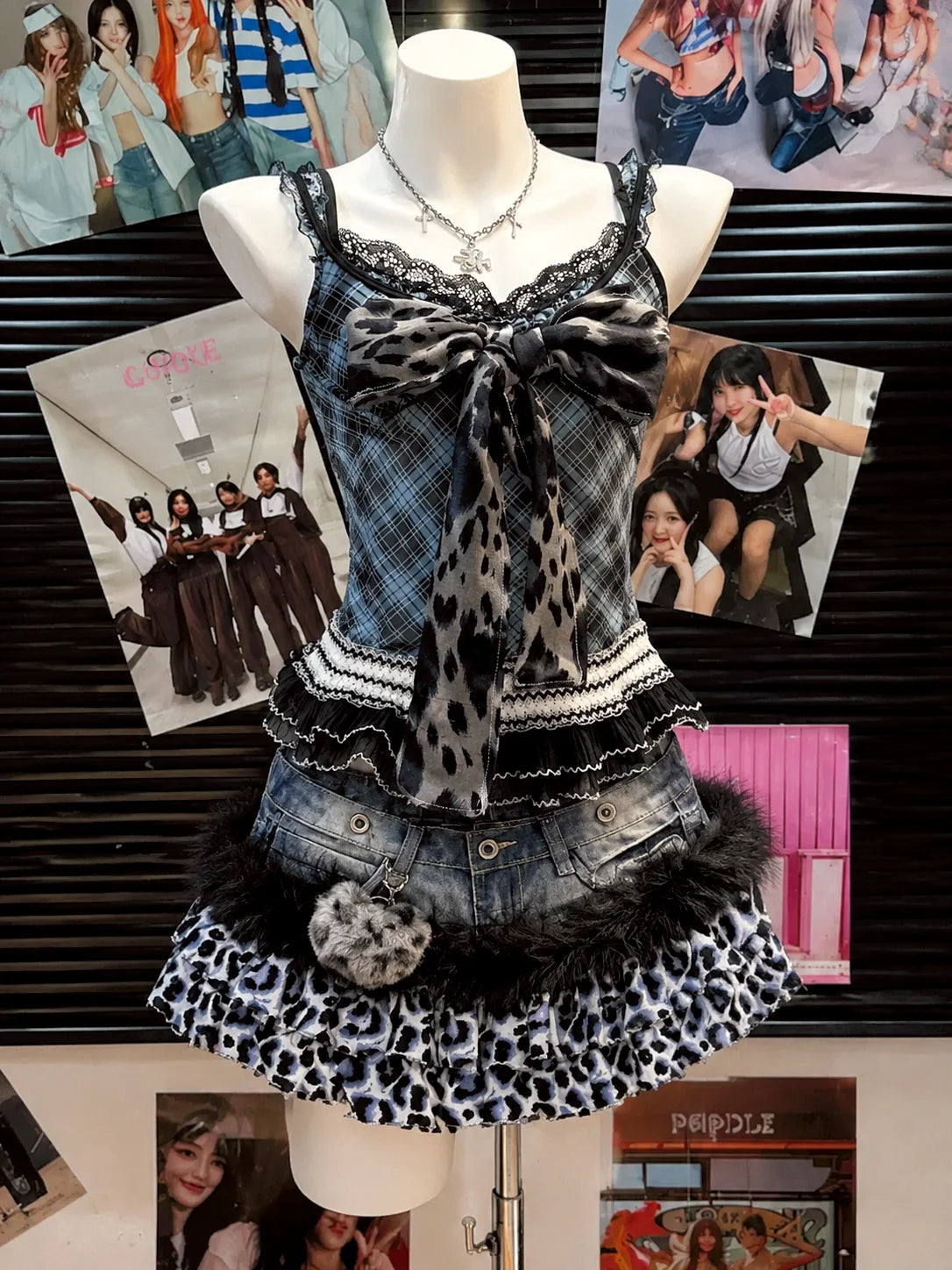 Y2K American Vintage Leopard Print Matching Sets Women Gothic Punk Satin Cami Fluffy Trim Mini Skirt Subculture Daily Outfits