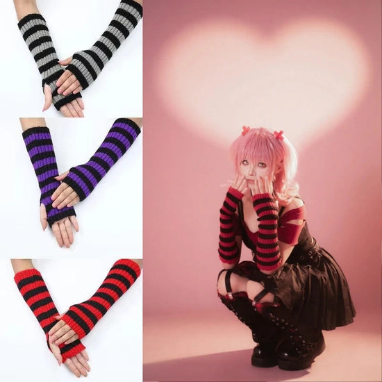 Lolita Striped Women's Knitted Fingerless Arm Sleeves Halloween Gothic Style Long Arm Warmers Girls Punk Striped Elbow Gloves SS69