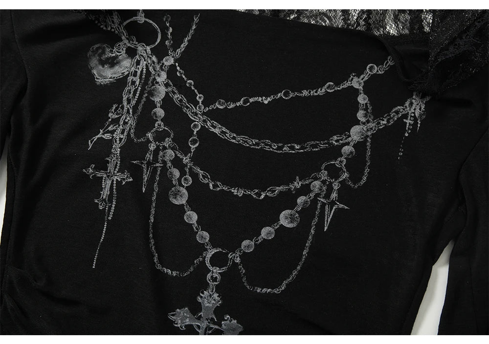 NO ROMANCE Fairy Sexy Punk Printing Half Transparent Lace Patch Knitted Long Sleeve Hooded Dresses Rock Gothic Design Vestidos SS69
