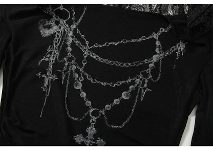 NO ROMANCE Fairy Sexy Punk Printing Half Transparent Lace Patch Knitted Long Sleeve Hooded Dresses Rock Gothic Design Vestidos SS69