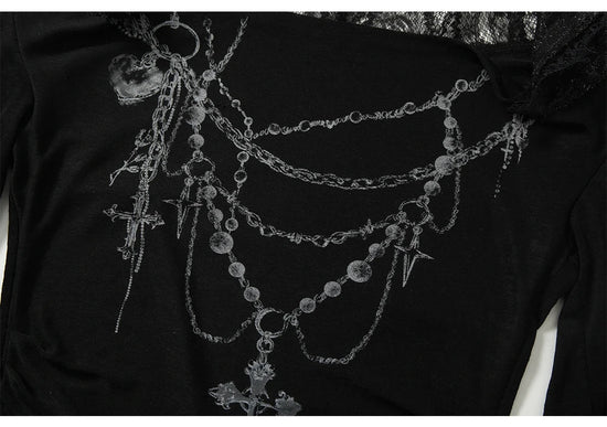 NO ROMANCE Fairy Sexy Punk Printing Half Transparent Lace Patch Knitted Long Sleeve Hooded Dresses Rock Gothic Design Vestidos SS69