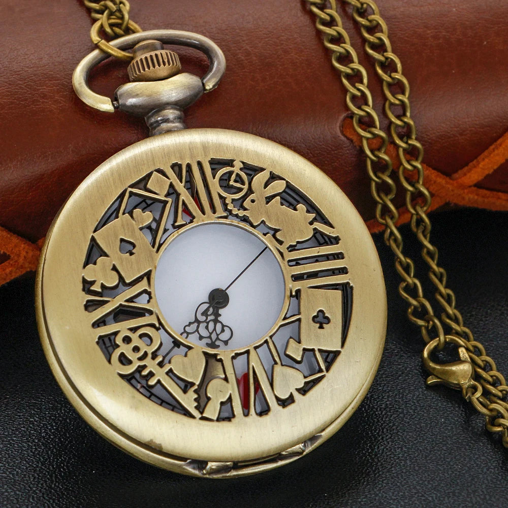 Bronze Fairy Tale Alice Poker Rabbit Hollow Characteristic Quartz Pocket Watch Retro Men's and Women's Necklace Pendant Gift SS69 9.69 Bronze