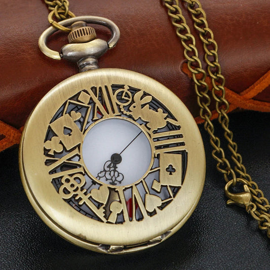 Bronze Fairy Tale Alice Poker Rabbit Hollow Characteristic Quartz Pocket Watch Retro Men's and Women's Necklace Pendant Gift SS69 9.69 Bronze