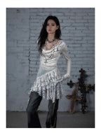 NO ROMANCE Fairy Sexy Punk Printing Half Transparent Lace Patch Knitted Long Sleeve Hooded Dresses Rock Gothic Design Vestidos SS69