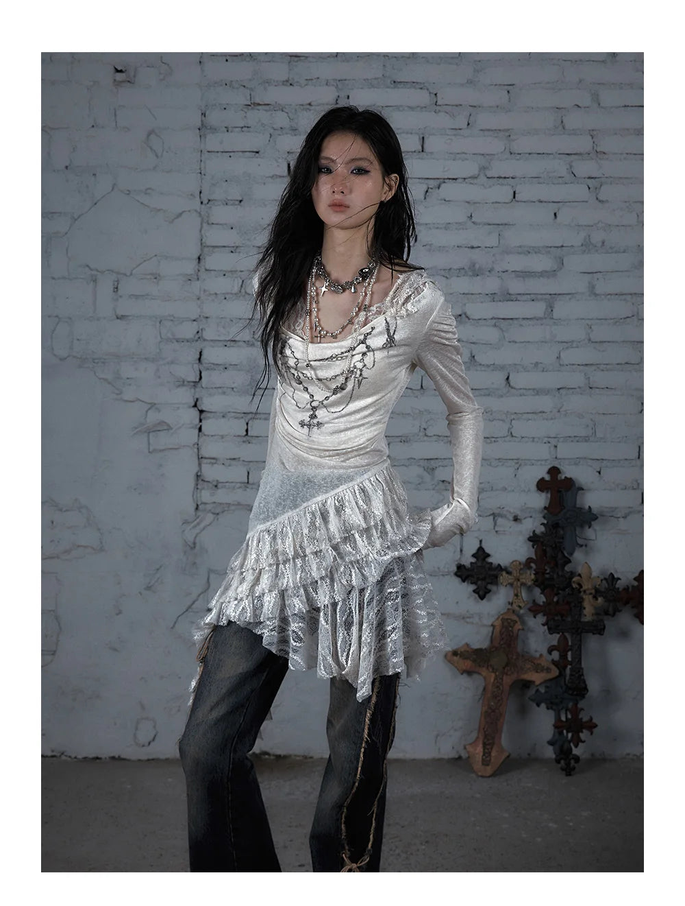 NO ROMANCE Fairy Sexy Punk Printing Half Transparent Lace Patch Knitted Long Sleeve Hooded Dresses Rock Gothic Design Vestidos SS69