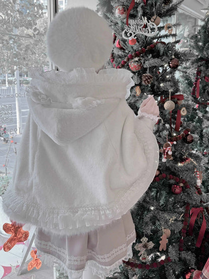 Japanese Mine Lace Splicing Cute Bow Lolita Shawl Jacket Autumn and Winter New Sweet Girl Loose Warm Plush Cape Coat Women