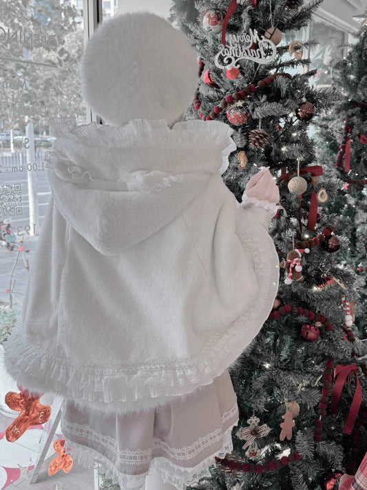 Japanese Mine Lace Splicing Cute Bow Lolita Shawl Jacket Autumn and Winter New Sweet Girl Loose Warm Plush Cape Coat Women