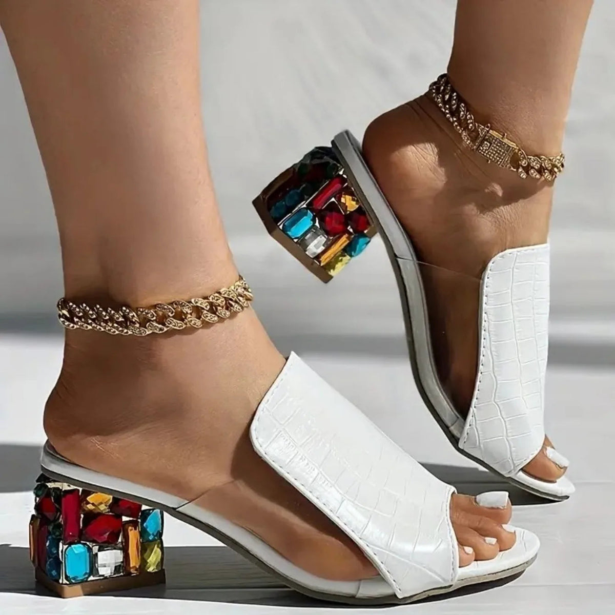 Women Crystal Sandals 2024 New Spring Summer Open Toe Sandals Square Heels Beach Fashion Sandals Women Sandalias De Mujer SS69