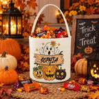 Custom Name Halloween Candy Bucket, Cute Ghost Pumpkin Black Cat Design Trick or Treat Pail, Kids Halloween Party Candy Basket