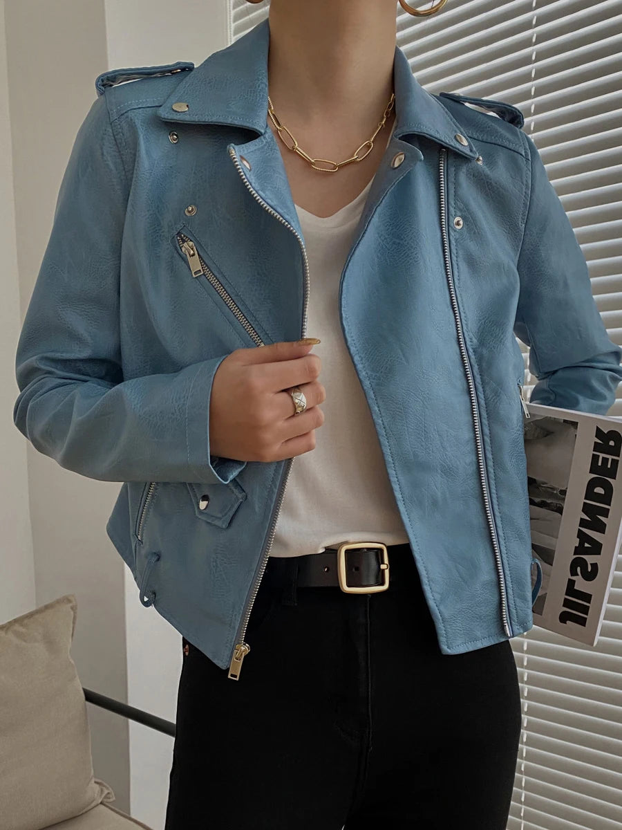 Women's PU Leather Motorcycle Jacket - Slim Fit, Turn-Down Collar