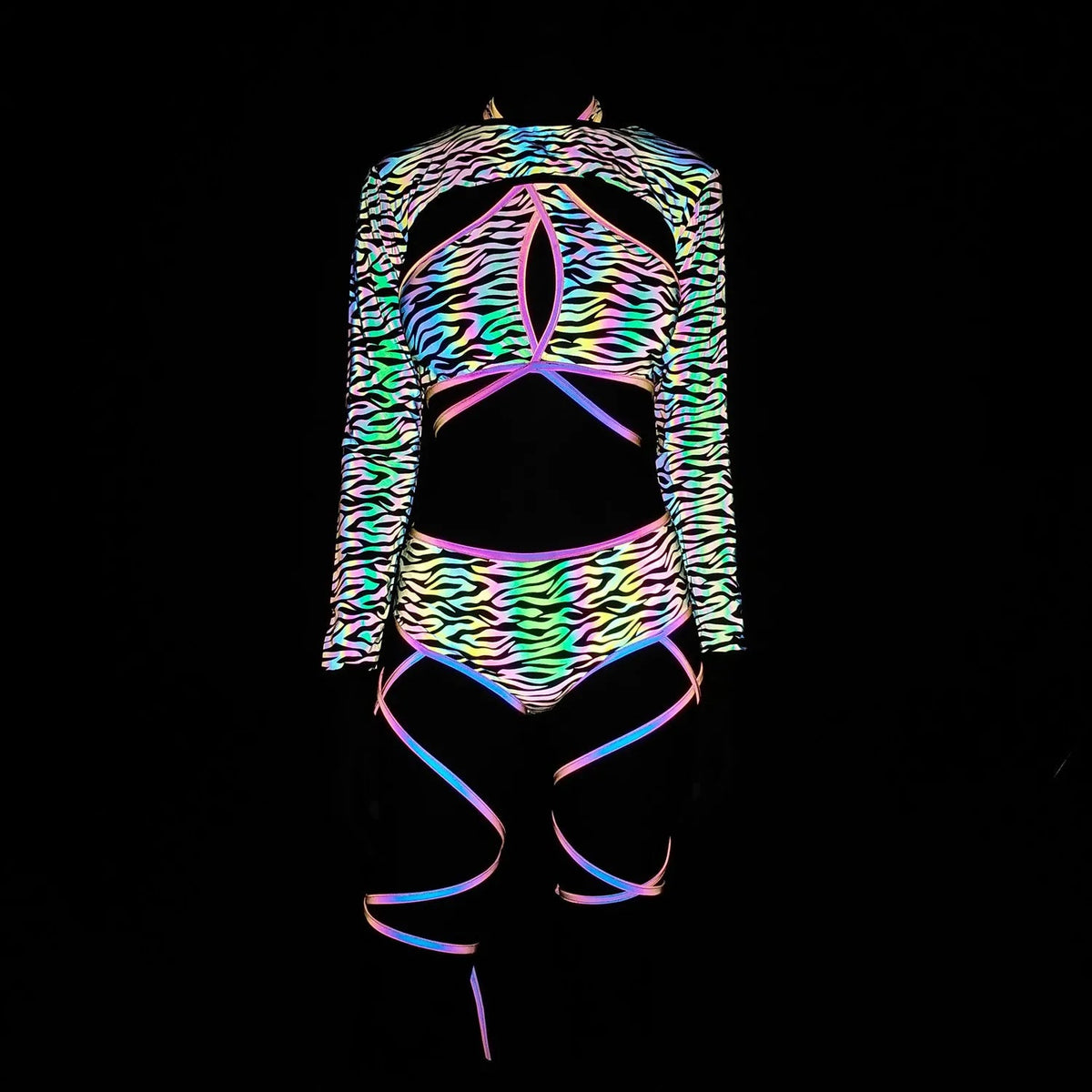 Harajuku Fashion Women Colorful Reflective Set Bandage Shorts+Bra+Crop Top Techwear Clothing Conjuntos Curtos SS69
