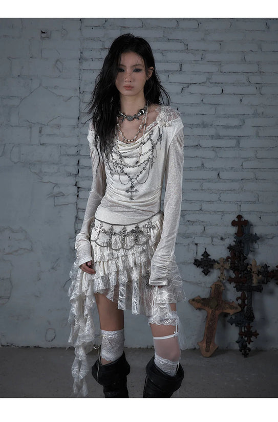 NO ROMANCE Fairy Sexy Punk Printing Half Transparent Lace Patch Knitted Long Sleeve Hooded Dresses Rock Gothic Design Vestidos SS69