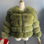 WGLUVF Women's Real Fox Fur Short O-Neck Coat